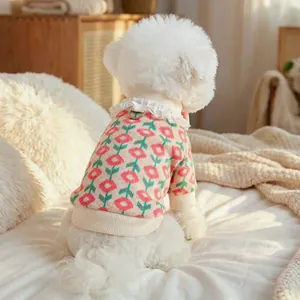 Floral knit pet sweater with white lace collar and D-ring for small dogs and cats