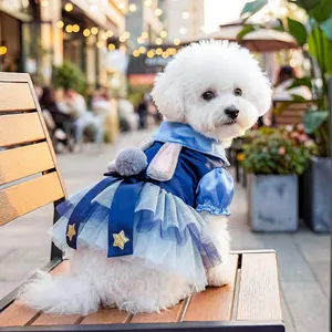 Dog Easter bunny police tutu dress in blue with lace layers and star sequins