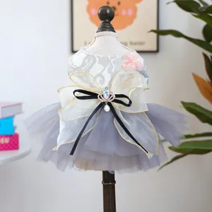 Elegant grey pet wedding dress with lace crown jewel and bow for small dogs and cats