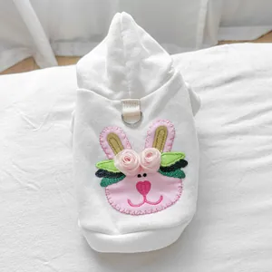 White Easter bunny pet hoodie for small dogs with floral embroidery and D-ring