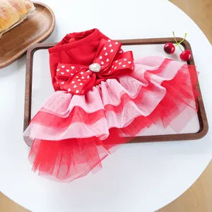 Pink and red layered tulle pet dress with heart rhinestone bow for small dogs and cats