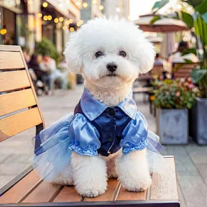 Blue pet dog tutu dress with layered mesh skirt and silk collar for small dogs