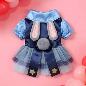 Detailed view of dog tutu dress featuring satin bodice, rabbit ears, and layered mesh skirt