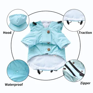 Waterproof sky blue pet raincoat with hood and adjustable drawstring for dogs and cats
