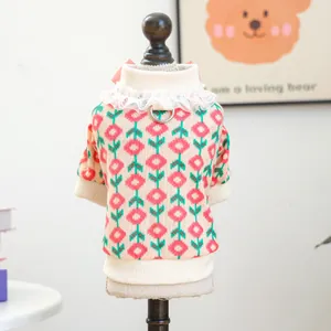 Floral pet knit sweater with lace collar and leash D-ring for small dogs and cats