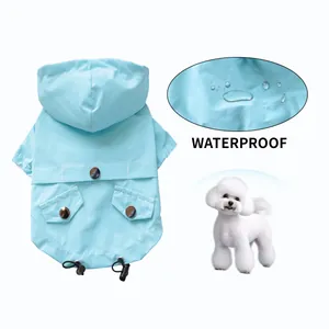 Sky blue waterproof pet raincoat with hood and adjustable drawstrings for dogs and cats