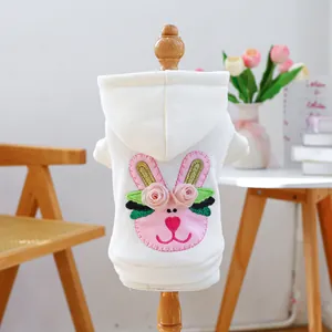 White pet hoodie for small dogs with pink bunny embroidery and 3D floral accents