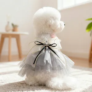 Luxury Grey Lace Pet Wedding Dress With Mesh Bowknot Crown Rhinestone Princess Dog Tutu Skirt Cat Puppy Party Apparel