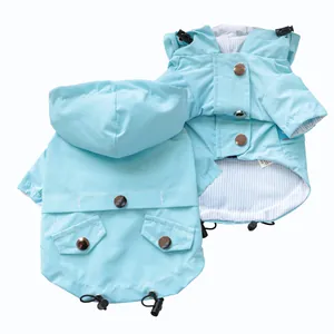 Waterproof light blue hooded pet raincoat with striped lining for cats and small dogs