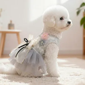 Elegant grey lace pet dress with mesh tutu skirt and large organza bow for small dogs