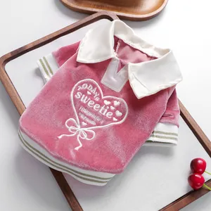 Pink velvet pet polo shirt for small dogs and cats with heart embroidery and white collar