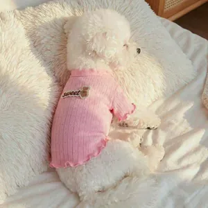 Nahaufnahme von rosa Hundestrickjacke mit Bärenstickerei auf weißem Welpen
