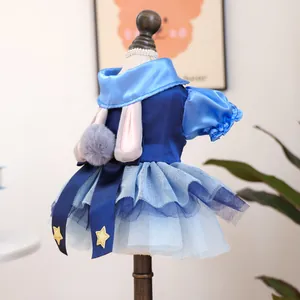 Detail of blue pet princess dress with rabbit ears and layered mesh skirt on mannequin
