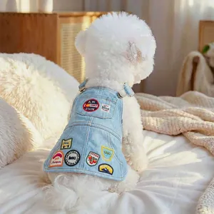 Vintage Huisdier Denim Bretelrok Verstelbaar Voor Kleine Honden Katten Kleding Met Geborduurde Patches