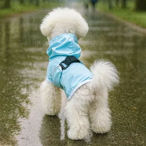 Waterproof light blue hooded dog raincoat with adjustable back buckle for small dogs