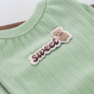 Detail eines hellgrünen Haustier-Strickpullovers mit süßem Bären-Stickaufnäher-Design