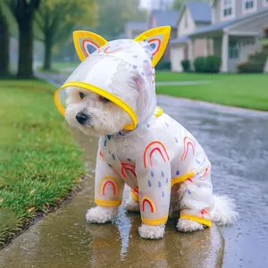 Waterproof rainbow printed pet raincoat for dogs with transparent hood and cat ear detail