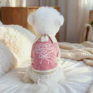 Pink velvet polo shirt for small dogs with heart embroidery and white collar