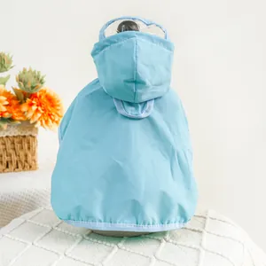 Detail showing light blue waterproof pet raincoat with transparent PVC hood and leash opening