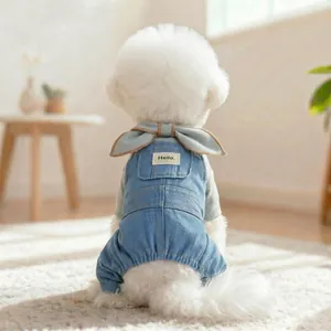 Pet Dog Cat Denim Overalls Two-Piece Set Cute Bowtie Shirt And Jeans Pants For Small Dogs Puppies Kitties Pet Apparel
