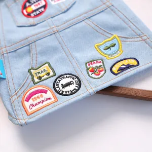 Detailopname van vintage denim huisdierjurk met kleurrijke retro geborduurde patches