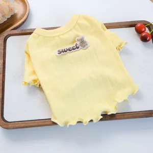 Nahaufnahme gelber Haustier-Strickpullover mit Bären-Aufnäher und Rüschen am Saum