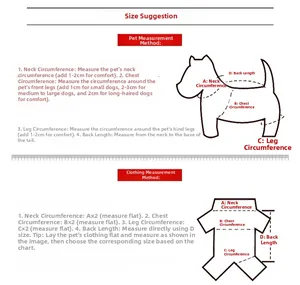 Detailed size guide for pet clothes measuring neck chest leg and back length precisely