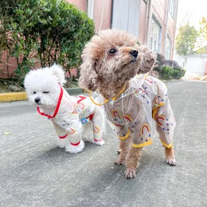 Waterproof hooded pet raincoat with rainbow prints and four-leg coverage for small dogs