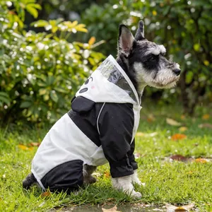 Panda style waterproof pet raincoat with cute cartoon hood on a dog in a park