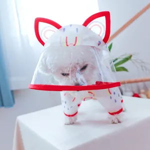 Detail of waterproof pet raincoat with colorful drop prints and transparent face shield