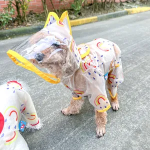 Close-up of waterproof pet raincoat featuring colorful rainbow prints and yellow piping