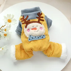 Detailed close-up of thick winter pet jumpsuit with corduroy and snowman embroidery