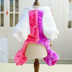 Plush rainbow unicorn pet jumpsuit with snap buttons for dogs and cats in soft fleece