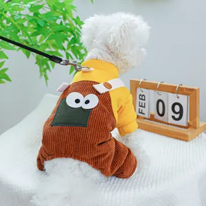 Detail of pet dog yellow hoodie and corduroy overalls set on a white bichon frise