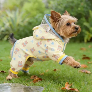 Waterproof yellow dog raincoat with cartoon bear print and transparent hood for small dogs