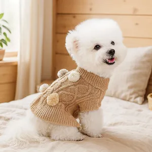 Pet Knit Sweater Dress With Pom-Poms Ruffles Sailor Collar Warm Autumn Winter Clothes For Small Dogs Cats