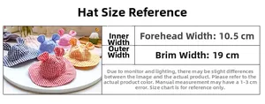 Detailed size chart for plaid pet sun hat showing brim width and forehead dimensions