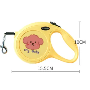 Detailed view of yellow retractable dog leash with 15.5cm size and cute puppy design