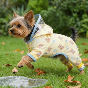 Waterproof small dog raincoat with bear print and transparent hood for rainy days