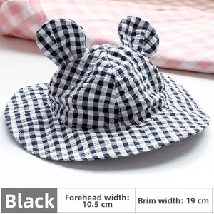 Detailed view of black checkered pet sun hat with cute ears and size measurements