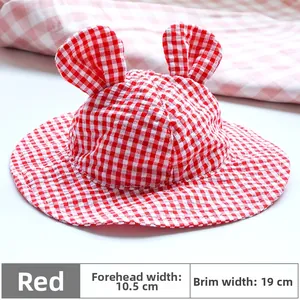 Detail view of red plaid pet sun hat with cute ears and dimensions of brim width 19cm