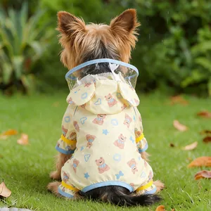 Waterproof yellow pet raincoat with cartoon bear patterns and transparent hood for small dogs