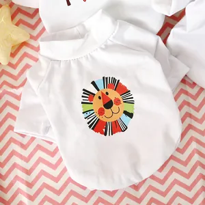 Close-up of white cotton dog t-shirt with a colorful cartoon lion print and round neck