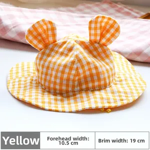 Detail showing dimensions of yellow plaid pet sun hat with cute bear ears and cotton fabric