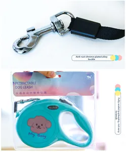 Detail of rust-proof chrome alloy buckle and sealed packaging for retractable dog leash