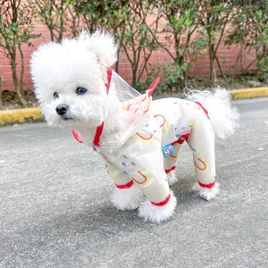 Detail of waterproof pet raincoat with rainbow prints and transparent hood on a dog