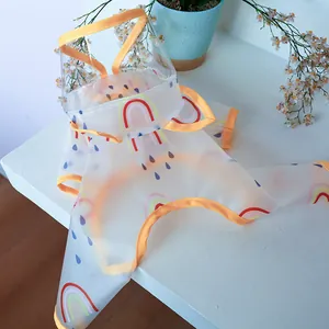 Detail of transparent pet raincoat with rainbow prints and orange trim on white wood