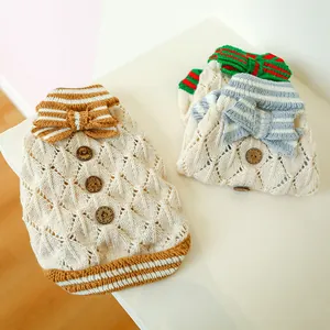 Detailed knit pet sweater featuring retro wood buttons and striped bow tie accents