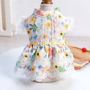 Detailed view of pet floral dress with lace trim and daisy accents for dogs