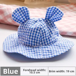 Blue plaid pet sun hat with cute small ears showing forehead and brim width details